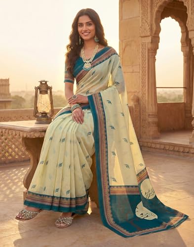 Image of SIRIL Women's Printed Cotton Linen One Minute Ready to Wear Saree With Unstitched Blouse Piece
