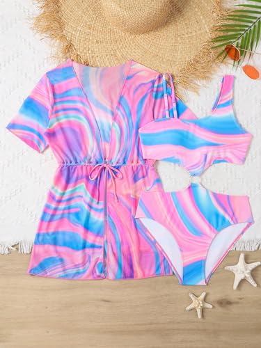 Image of WDIRARA Girl's Swimwear Cut Out Marble Print Asymmetrical Swimsuit One Piece Bathing Suit with Cover Up