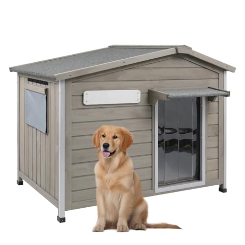 Large Outdoor Dog House Waterproof for Small to Large Sized Dogs with Anti-Chewing Iron Frame, Window, Raised Feet, Weatherproof Indoor Outside Kennel Puppy Shelter (40" L*26.4" W*33.5" H)