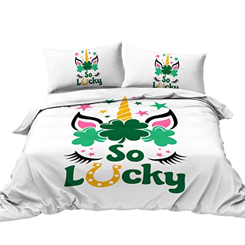 BlessLiving St. Patrick's Day Themed Bedding Cute Duvet Cover Sets Unicorn Face with Clover Bouquet Pattern Printed 3 Piece Bedding Set with 2 Pillow Shams, Twin Size, White