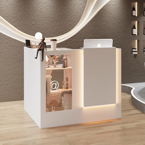 PREMTURE Table d'angle avec tiroir Clavier réception et comptoir L coloré avec 3 lumières, réception avec vitrines en Verre