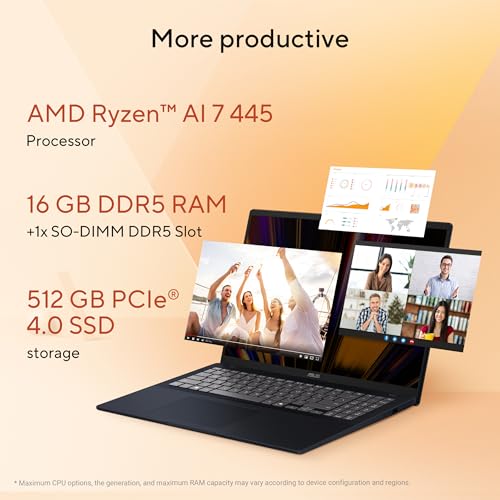 Image of ASUS Vivobook 16 (2026), AMD Ryzen AI 7 445, AMD Radeon iGPU, 16GB RAM, 512GB SSD, FHD+, 16 inch, (40 cm), Windows 11, M365 Basic(1 Year)* Office 2024, Quiet Blue, 1.88 kg, M1607GA-MB030WS, Co-Pilot+ PC