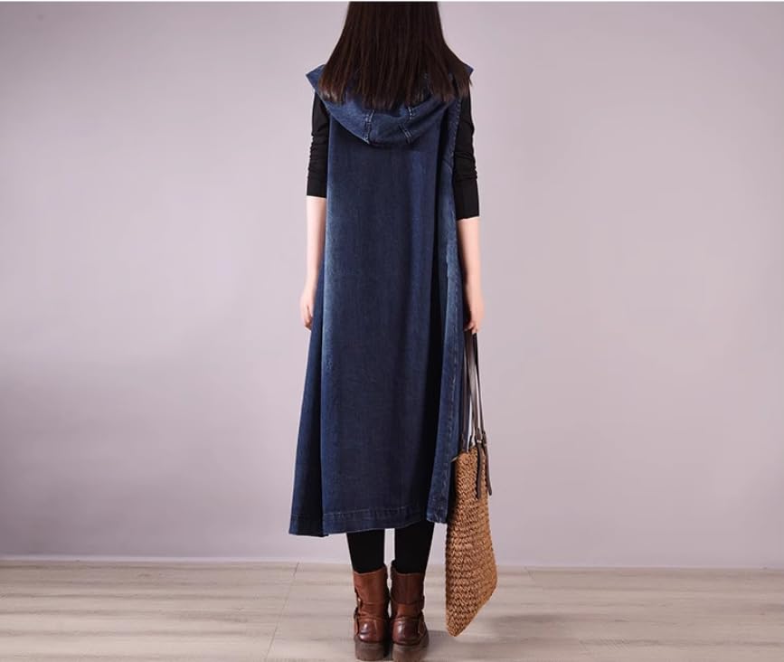 Long Denim Vest for Women Sleeveless Jeans Jacket Hooded with Pockets Wide Hem Loose Casual3