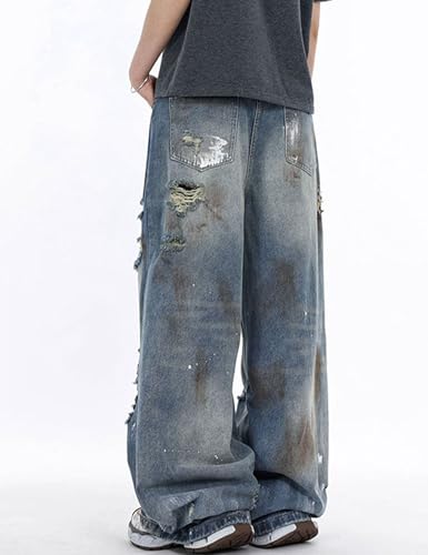 Y2K Baggy Jeans Men Ripped Pants Wide Leg Distressed Destroyed Straight Leg Ripped Jeans Trousers 5