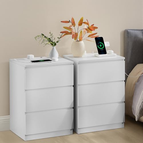 VASAGLE Bedside Tables with Power Strip Set of 2 Side End Tables with Drawers 2 AC Out LETs 2 USB Ports for Living Room Bedroom Study Cloud White KAILYN Collection LET831W15