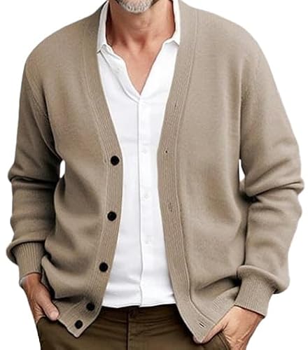 Mens Business Casual Cardigan Sweater Long Sleeve Button Down Sweaters Coat V Neck Open Front Sweater Fall Outwear (Khaki,Small)