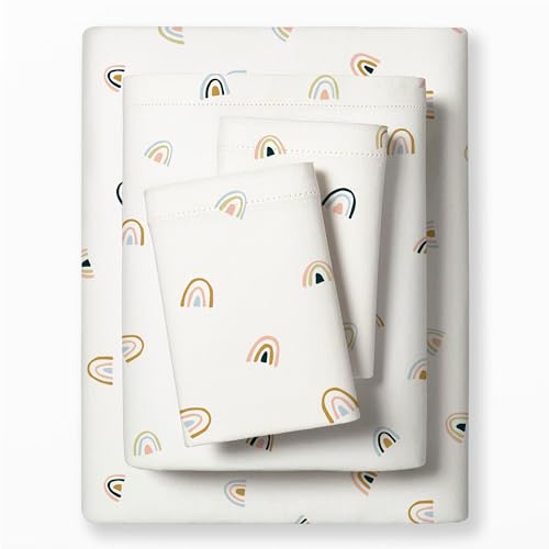 MakeMake Organics Organic Queen Sheet Set (4 Piece) GOTS Certified Organic Cotton Sheets Non Toxic Safe Fitted, Flat Sheet, Pillowcases (Rainbow)