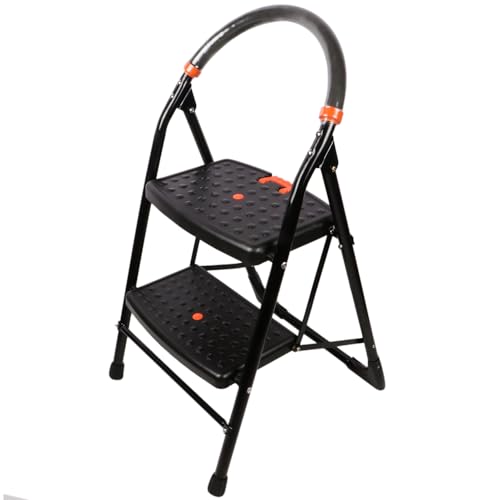 Image of CIPLA PLAST 2 Step Ladder for Home use | Heavy Duty Alloy Steel Foldable Step Ladder with Anti Skid Shoes and Extra Strong Wide Steps Milano 2 Steps | GEC-L2M (Black)