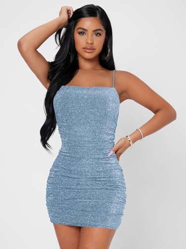 Floerns Women's Glitter Sleeveless Ruched Party Clubwear Bodycon Mini Dress Ocean Blue XS - Thumbnail 3