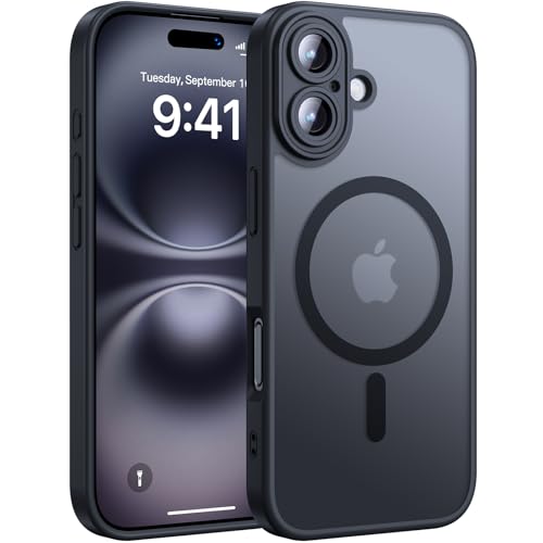 Uyiton für iPhone 16 Hülle für Magnetisch: Vollständiger Kameraschutz, Militärschutz Stoßfest Kratzfest, Transluzente Rückseite, Magnetisch Handyhülle für iPhone 16 Case, Schwarz