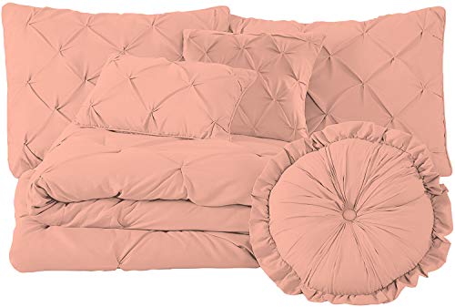 Epic Cotton Luxurious 7-Piece Pinch Pleat Pintuck Bedding Comforter Set Lightweight 100% Egyptian Cotton, 1000 Thread Count, (Queen, Peach)