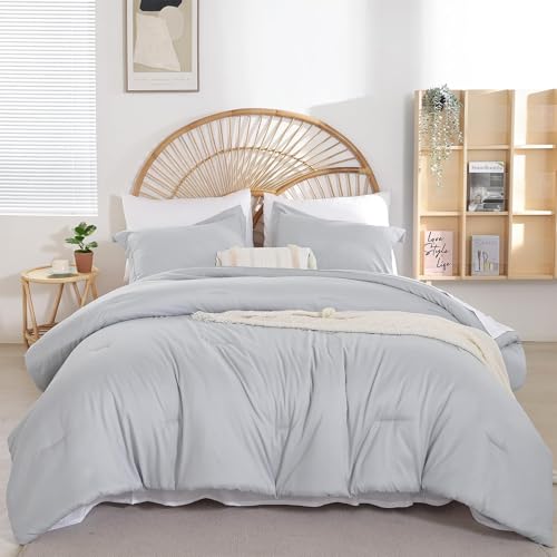 Image of weigelia Queen Comforter Set 7 Pieces Queen Size Comforter Set Light Grey Comforter Queen Size Soft Comforter with Fitted Sheets, Flat Sheets, Pillow Shams, and Pillowcases