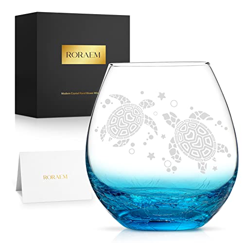 Roraem Wine Glasses - Turtles Wine Glass Hand Etched Sea Turtles Unique Wine Gifts For Women Ocean Beach Turquoise Glass Cup Stemless Wine Glass For Turtle Lovers Mom Mother 16Oz #TOP7