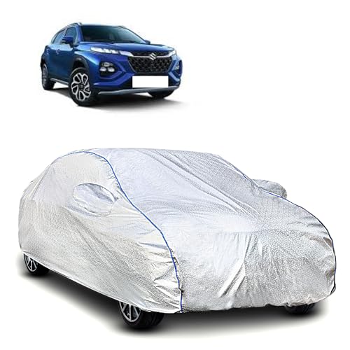 Image of Kerwa Car Cover Waterproof Compatible with Maruti Fronx, Dust, UV & Scratch, All-Weather Proof Full Body Cover, Metallic Silver with Blue Lining, Triple Stitched Elasticated Bottom with Mirror Pocket