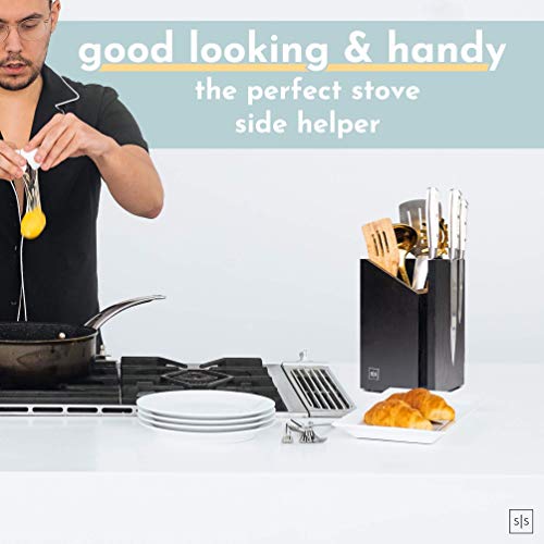 Magnetic Knife Block and Utensil Caddy, Black - Dual Purpose Design - Universal Knife Block without Knives and Black Utensil Holder