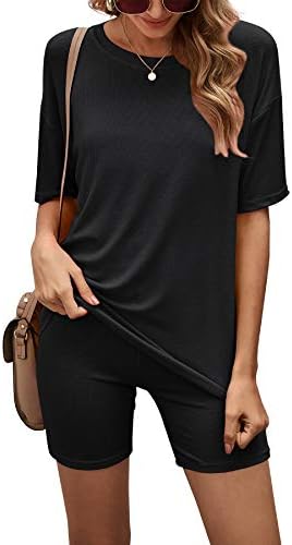 CoolooC Two Piece Outfits for Women Sexy Short Sleeve Round Neck Biker Shorts Set Tracksuits