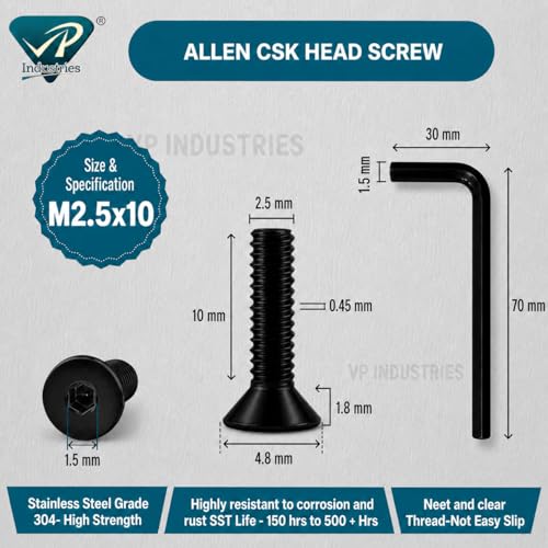 Image of By inchVP INDUSTRIES inch (Pcs-25) M2.5x8 mm Allen CSK Head Screw Black Zinc Plated High Tensile | Countersunk Screw for Modular Furniture, Wooden Work, Electrical Fittings, DIY & Industrial Use