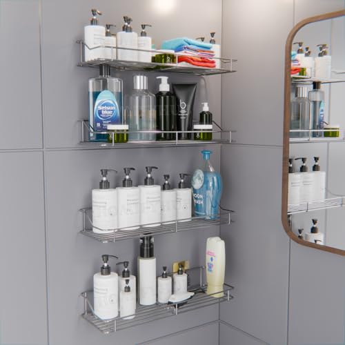 Image of Stainless Steel Bathroom Wall Shelf Without Drill | Self Adhesive No Drill Wall Shelf Storage for Bathroom Kitchen | Wall Mounted Washroom Organiser Shelf Magic Sticker Rustproof (Set of 4)