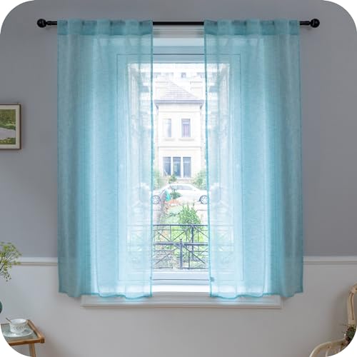 GIRASOLE Coppia Tende Voile Semitrasparenti Effetto Lino Tenda per Soggiorno Camera Balcone Finestra e Interni 2 Pannelli con Tasca (Turchese, 70x150cm)