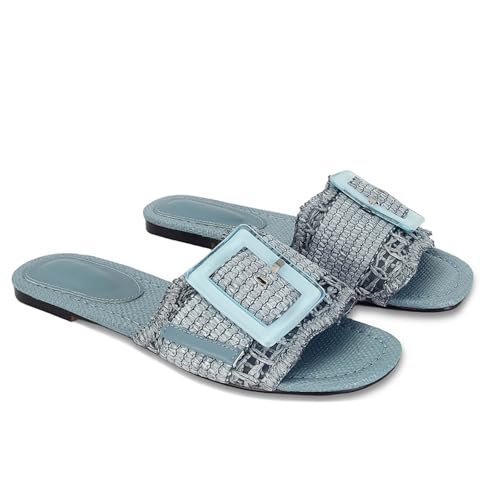 Image of ZJGZF Raffia Sandals for Women Buckle Straw flats Woven Braided Rattan Slides Summer Beach Sandals Comfort Cute Shoes