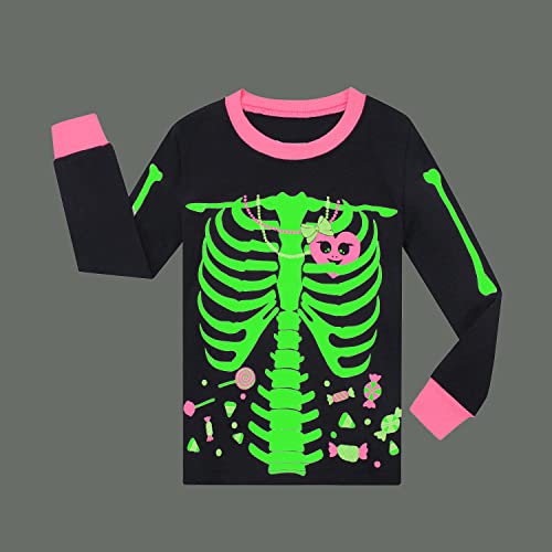 Benaive Pajamas for Girls, Pjs for Girl Cotton Pajama, 2-Piece Children Halloween Pants Set (Skeleton, Black, 5) - image 3