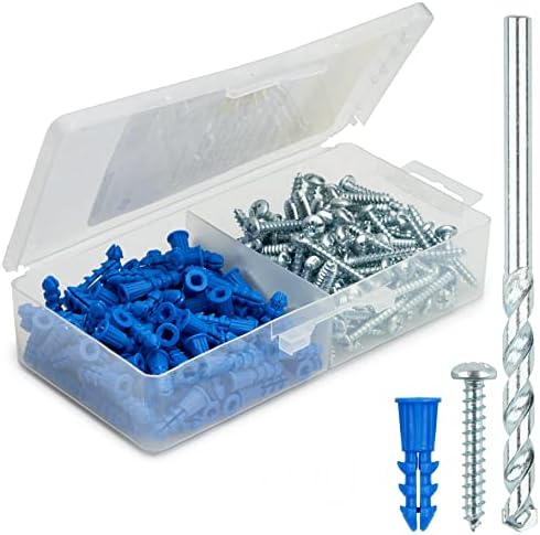 Qualihome Ribbed Plastic Drywall Anchor Kit - Wall Anchors and Screws for Drywall Includes Anchors, & Screws, 1 Masonry Drill Bit  - Mounting Tolls for Decor, Furniture, Shelving (10-12 x 1")