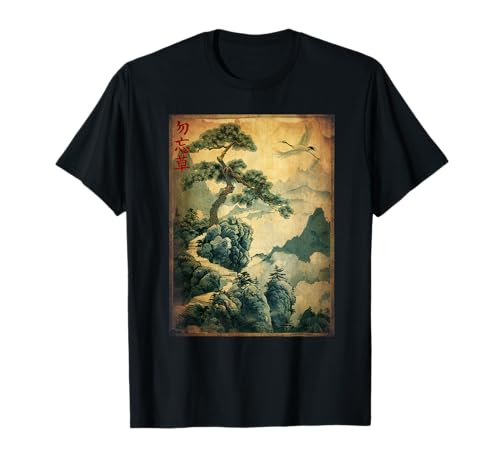 Japanese Woodblock Art: Cranes and Pine Japanese kanji T-Shirt