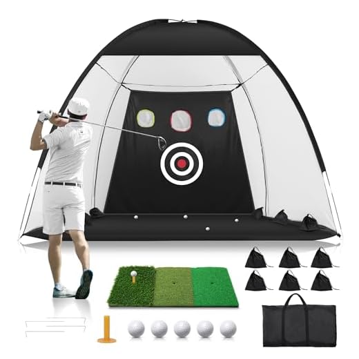 Golf Net: 10x7FT Golf Practice Net for Backyard Driving, Golf Hitting Net with Tri-Turf Golf Mat, Indoor Golf Training Chipping Aid Nets with Reduce Noise Nylon Target, Gifts for Him