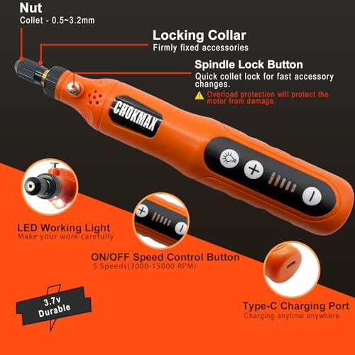 CHOKMAX Mini Cordless Rotary Tool, 5-Speed Grinder Kit with 72 Accessories and Front LED Light, Type-C Charging Art Craft Tool for Engraving, Sanding, Polishing, Drilling, Grinding - Image 2