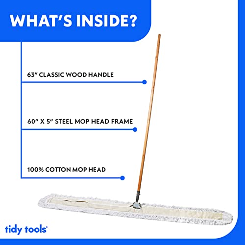 Tidy Tools Commercial Dust Mop & Floor Sweeper – 60 X 5 In. Cotton Mop Head, 63 In. Wooden Broom Handle & Metal Frame – Industrial Dust Mops For Floor Cleaning & Janitorial Supplies #TOP1