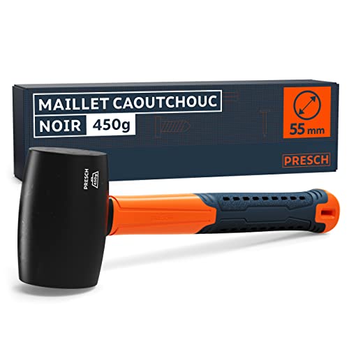 Maillet en caoutchouc dur Presch avec manche en fibre de verre | ⌀=55mm - Marteau caoutchouc noir 450g