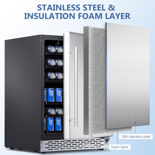 Image of Phiestina Beverage Refrigerator 24Inch, 172 Cans Indoor /Outdoor Undercounter Beverage Cooler Refrigerator Stainless Steel Beer Fridge with Safety Lock Built-in /Freestanding-Silver Foam Door