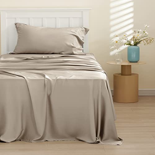 Image of Bedsure Cooling Sheets Twin, Rayon Derived from Bamboo, PureWoven, Breathable & Soft Twin Sheets Set, Deep Pocket Up to 16 Inches, Hotel Luxury Silky Bedding for Hot Sleepers, Simply Taupe