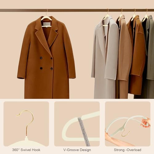 Wellong Kleiderbügel Samt, 45 cm rutschfeste Filz Bügel, Stabile Anzugbügel mit Schulterkerben, Platzsparende Kleiderbügel für Mäntel, Hosen, Silbe, 52 Stück – Crème mit Goldene Haken