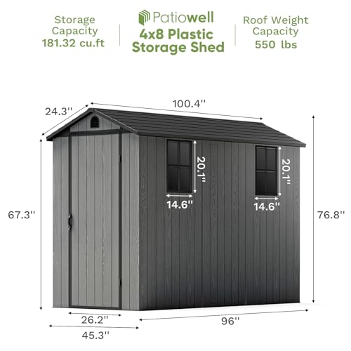 Image of Patiowell 4x8 FT Plastic Outdoor Storage Shed with Floor, Garden Tool Shed with Two Windows and Single Lockable Door for Garden, Backyard, Lawn, Easy to Install, Dark Gray