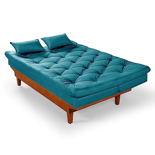 Sofa Cama Caribe 3 Posições Base de Madeira Suede Essencial Estofados (Azul Turquesa)