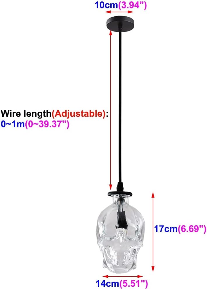 7W LED Industrial Pendant Light Fixture Glass Skull Hanging Lamp Retro Ceiling Lighting E14 Bulb Adjustable Cord Indoor for Bedroom Sore Living Room Warm White