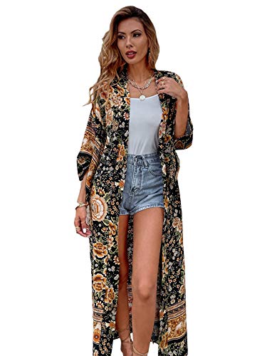 SweatyRocks Women s Flowy Kimono Cardigan Open Front Maxi Dress Floral Black L