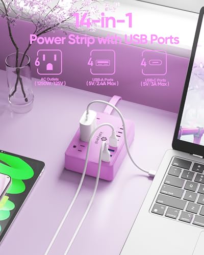 Image of Purple Power Strip with 6 AC 8 USB 2000J Surge Protector 5ft Flat Plug | 4 USB C with 2000J Surge Protector Purple Extension Cord kawaii gift, Compact for Desk Home, Office, Dorm