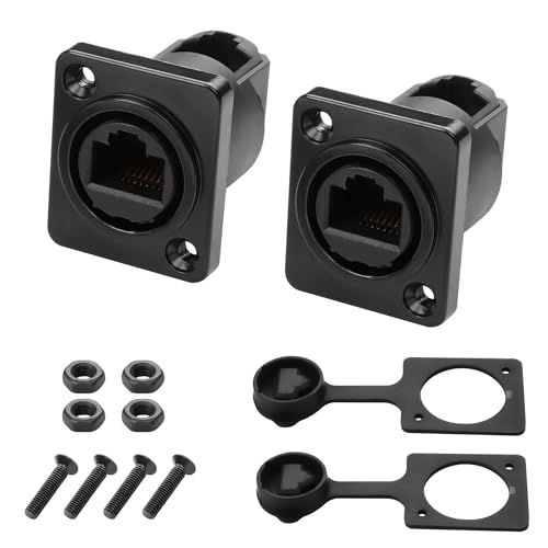 YACSEJAO Paneelmontage RJ45 waterdichte aansluitingen 90 graden CAT6 RJ45 metalen bus voor thuis-, industrie-, podiumsignaalaansluitingen (2 RJ45-aansluitingen + 2 ronde)
