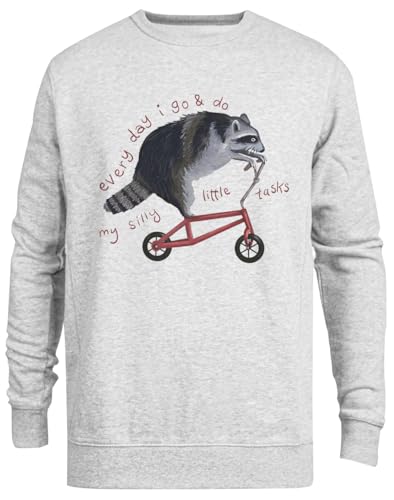 Pull ras du cou unisexe gris avec raton laveur à vélo en coton