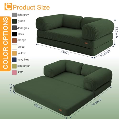 COMAX Futon Sofa Bed, 4-in-1 Floor Foldable Sofa Couch Bed Queen with L-Shaped Armrests, Convertible Folding Chair Bed Sleeper Mattress Fold Out Comfy Lounge for Living Room Bedroom, Green