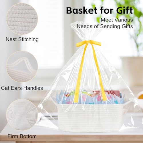 Image of OIAHOMY Woven Basket, Gift Basket Empty with Gift Bags, Ribbons and Wrap Tissue Paper, Rope Baskets for Baby Showers, Storage Baskets with Handles for Nursery, Pet Toy Organizer - Easter White