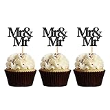 MonMon & Craft Mr & Mr Cupcake Toppers/Gay Pride Cupcake Toppers/Men Wedding Engagement Party Cupcake Dessert Decorations - LGBT Party Dessert Decor Black Glitter 24 Pcs