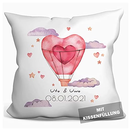 personalisierbares Kissen zur Hochzeit, Valentinstag oder Jahrestag, Hochzeitskissen Auto Hochzeits-Geschenk Geldgeschenk Kissenhülle mit Füllung und Namen weiß 40cm x 40cm (Aquarell Ballon)