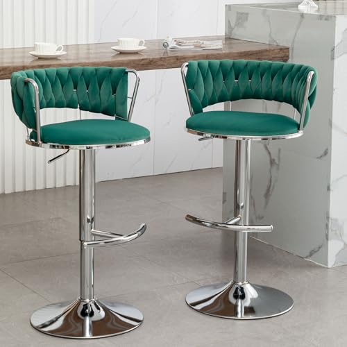 Canxkun Velvet Bar Stools Set of 2, Counter Height Bar Stools with Low Back, Modern Adjustable Height Barstools, 360° Swivel Bar Chairs for Kitchen Island, Pub (Green)