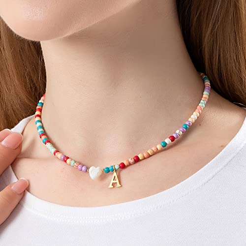 Gold Colorful Initial Beaded Necklace For Women Handmade Girls Colorful Beaded Initial Stainless Steel 18K Gold Choker Bohemian Necklace With Heart-Shaped Shells Meaningful Feminine Minimalist Jewelry Gifts #TOP2