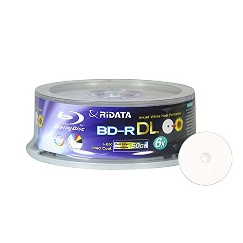 Image of 25 Pack Ridata Blu-ray BD-R DL Dual Layer 6X 50GB White Inkjet Hub Printable Recordable Blank Media Disc with Spindle Packing