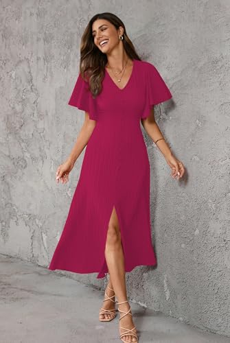 Image of Shasmi Girl's & Women's Pleated Midi Dress with Flutter Sleeves | V-Neck Western Dress for Women | Elegant A-Line Summer Outfit | Office & Casual Wear (Dress 244)