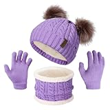 Picture of Senker Fashion Winter Beanie Kids Hat and Gloves Set for Girls Boys Toddler Pompom Knit Fleece Lined for Cold Weather